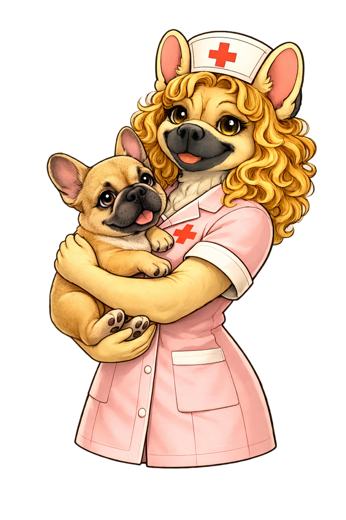 Mascotte infirmière avec un chiot bouledogue français